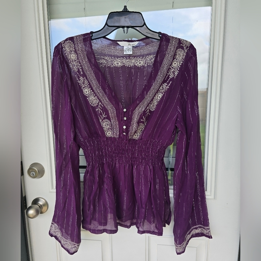 WD.NY 100% Silk Blouse Size 14 Purple Whilte Embroidered Flare Long Sleeves Y2k - Picture 2 of 14